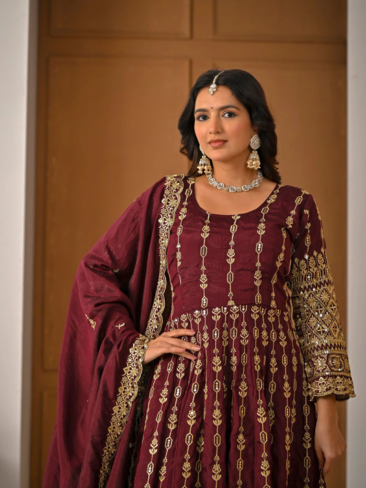 Amrapali Trend Maroon Heavy Embroidered Kurta Palazzo Set with Dupatta | Wedding & Festive Wear