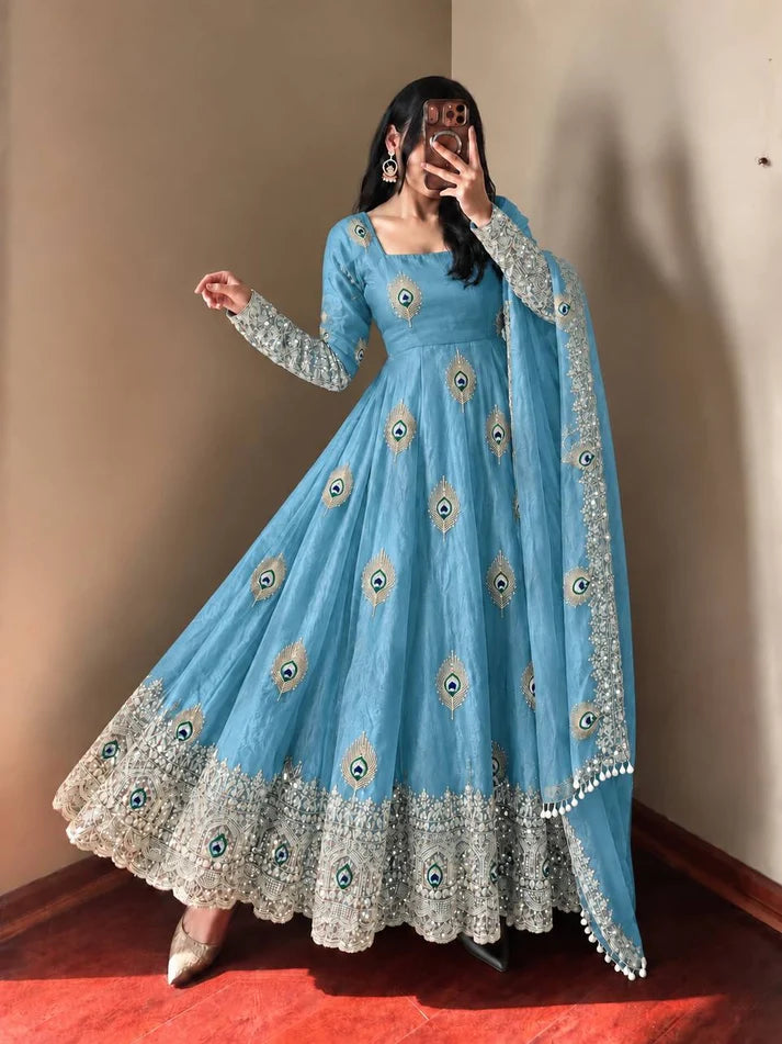 Exclusive Designer Fendy Silk Gown with Heavy Sequence Embroidery – Wedding, Festive & Party Wea