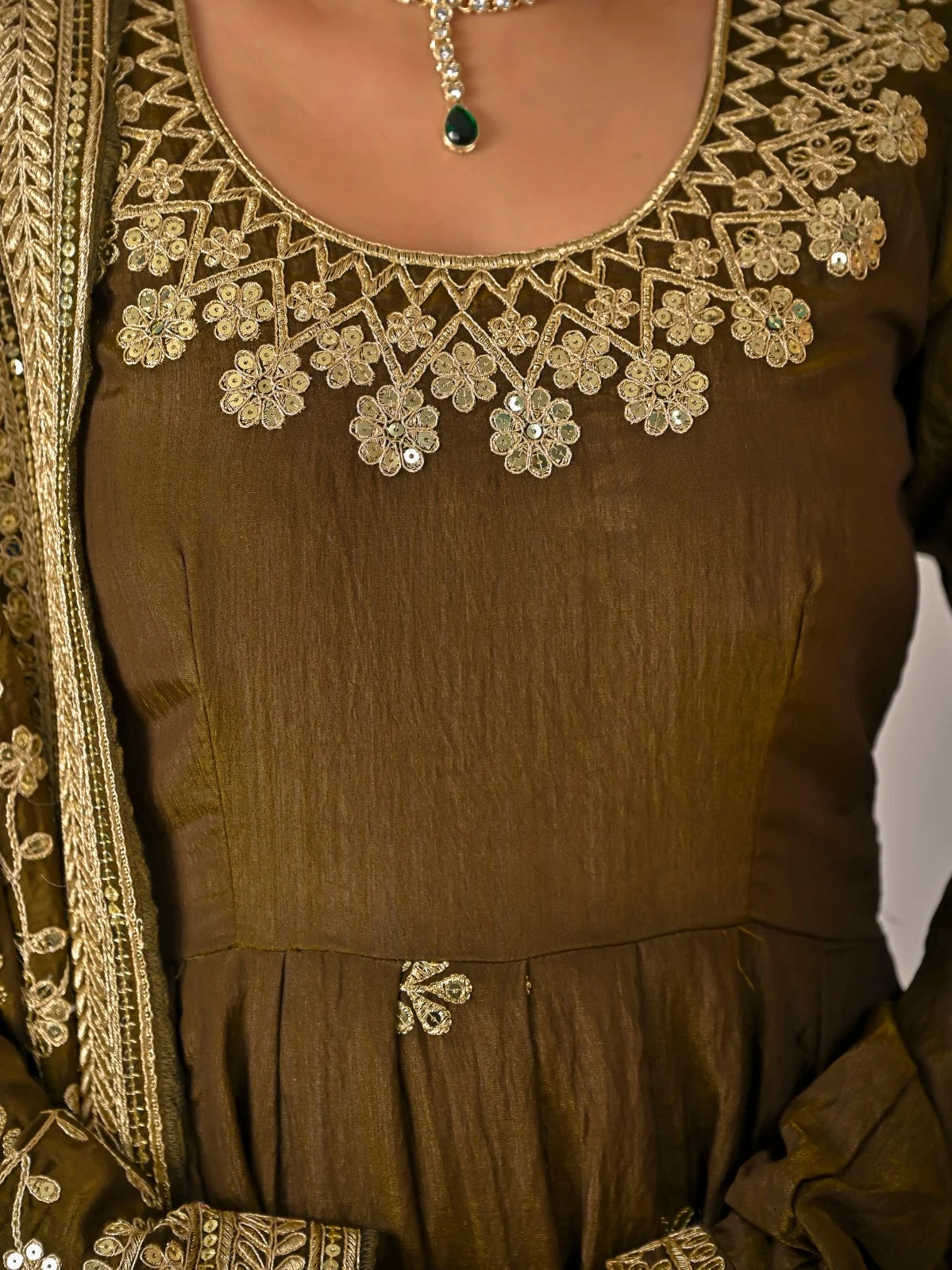 Amrapali Trend Olive Green NC Vichitra Fabric Fully Embroidered Anarkali Suit Set with Dupatta – Festive & Wedding Wear