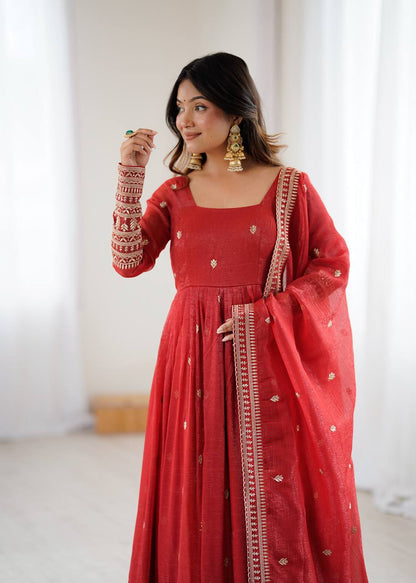 Amrapali Trend Fully Flared Rust Anarkali Gown in Pure Crunchy Silk | Party & Wedding Wear