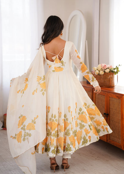 Amrapali Trend Women's Heavy Organza Silk Floral Print Anarkali Gown Set with Dupatt