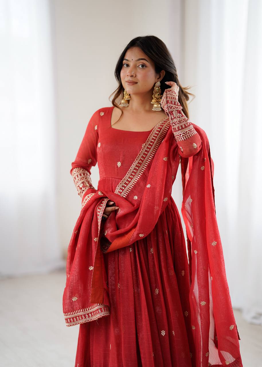 Amrapali Trend Fully Flared Rust Anarkali Gown in Pure Crunchy Silk | Party & Wedding Wear