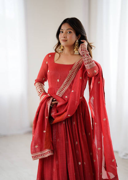 Amrapali Trend Fully Flared Rust Anarkali Gown in Pure Crunchy Silk | Party & Wedding Wear