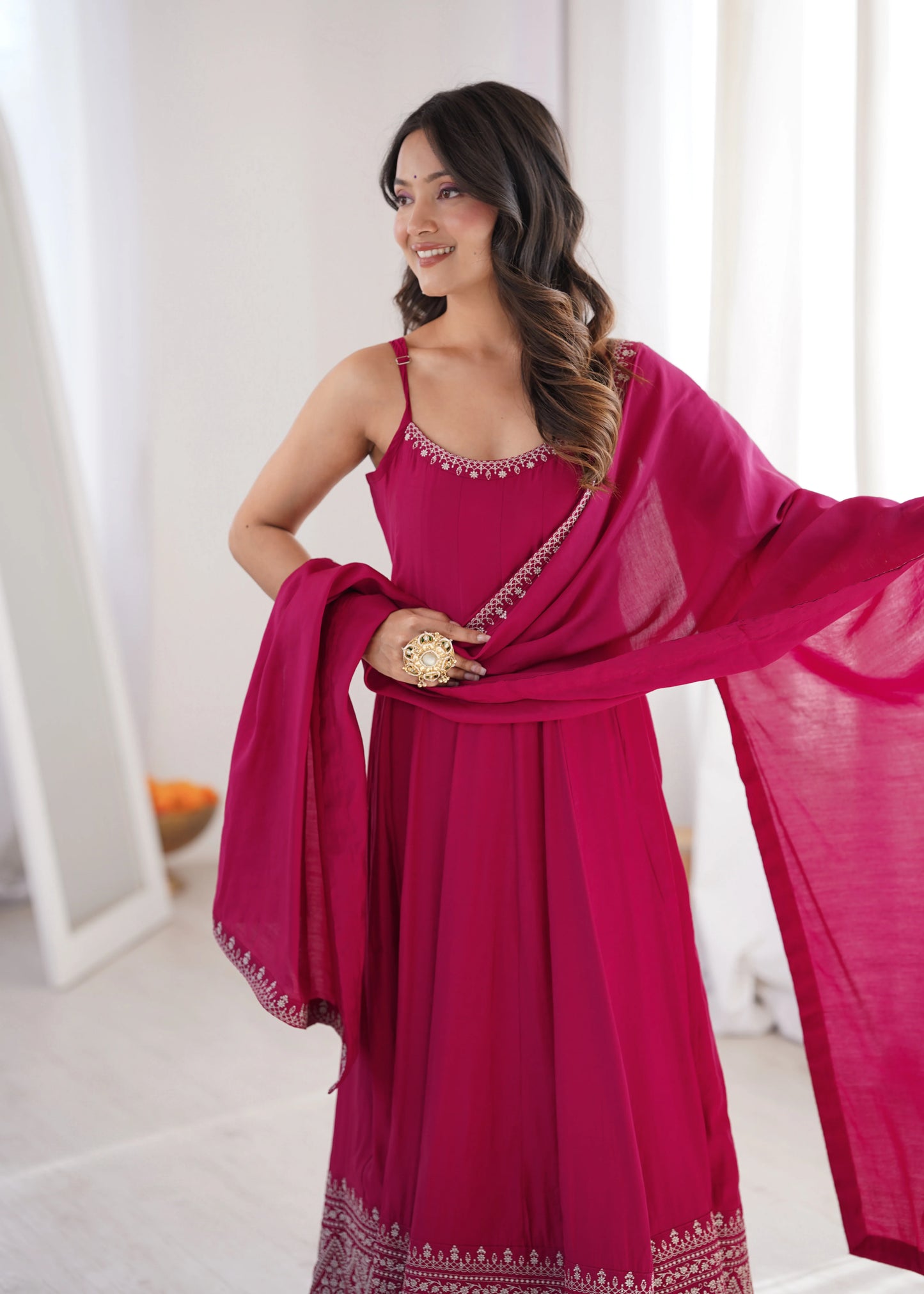 Amrapali Trend Premium Roman Silk Chanderi Anarkali Suit Set with Pant & Dupatta