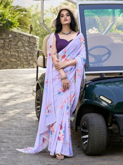 Premium Floral Print Georgette Saree with Moti Lace Border & Running Blouse | Party Wear Designer Saree
