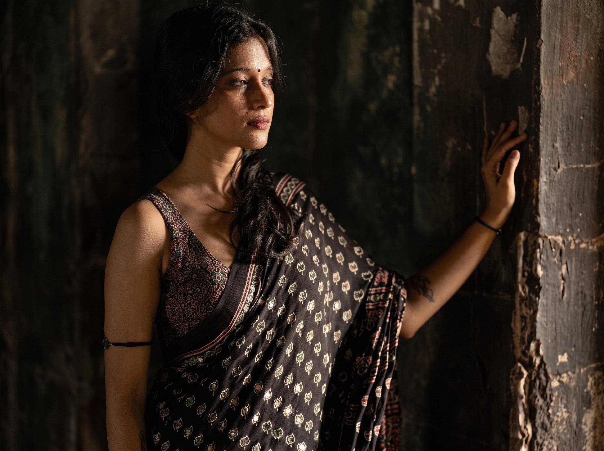 Black Ajrak Saree, Ajrak Print Saree, Semi Modal Silk Saree, Mirror Work Saree, Party Wear Saree, Festive Wear Saree, Wedding Wear Saree, Traditional Saree, Designer Saree, Premium Saree, Indian Saree, Ethnic Saree.