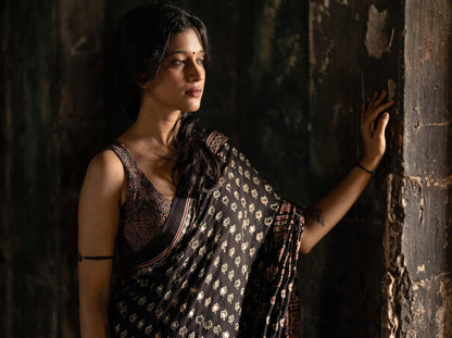 Black Ajrak Saree, Ajrak Print Saree, Semi Modal Silk Saree, Mirror Work Saree, Party Wear Saree, Festive Wear Saree, Wedding Wear Saree, Traditional Saree, Designer Saree, Premium Saree, Indian Saree, Ethnic Saree.