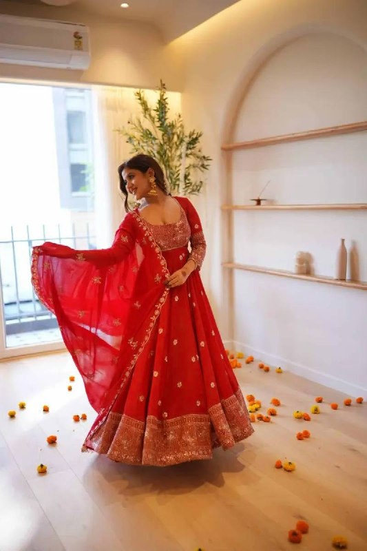 Premium red flared Anarkali gown with matching dupatta