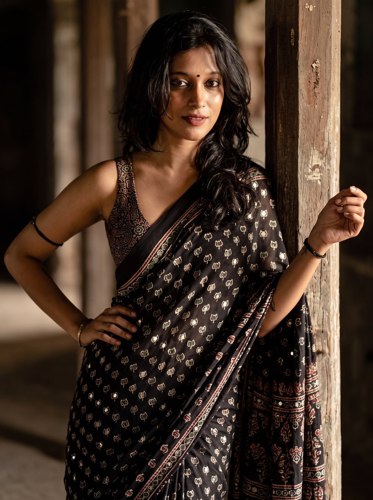 Black Ajrak Saree, Ajrak Print Saree, Semi Modal Silk Saree, Mirror Work Saree, Party Wear Saree, Festive Wear Saree, Wedding Wear Saree, Traditional Saree, Designer Saree, Premium Saree, Indian Saree, Ethnic Saree.
