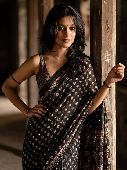Black Ajrak Saree, Ajrak Print Saree, Semi Modal Silk Saree, Mirror Work Saree, Party Wear Saree, Festive Wear Saree, Wedding Wear Saree, Traditional Saree, Designer Saree, Premium Saree, Indian Saree, Ethnic Saree.