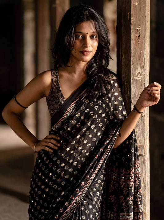 Black Ajrak Saree, Ajrak Print Saree, Semi Modal Silk Saree, Mirror Work Saree, Party Wear Saree, Festive Wear Saree, Wedding Wear Saree, Traditional Saree, Designer Saree, Premium Saree, Indian Saree, Ethnic Saree.