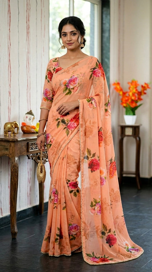 Luxury Floral Print Georgette Saree | Wedding & Festive Wear