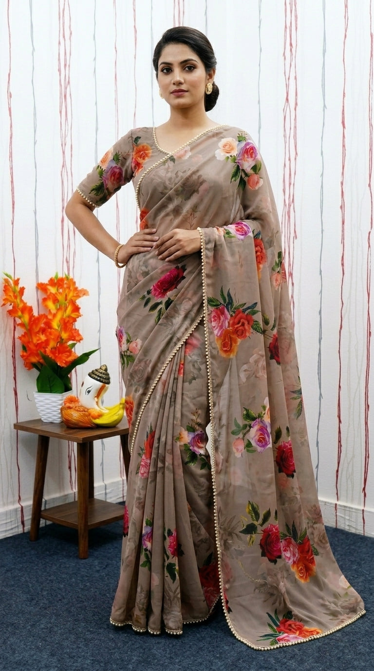 Luxury Floral Print Georgette Saree | Wedding & Festive Wear