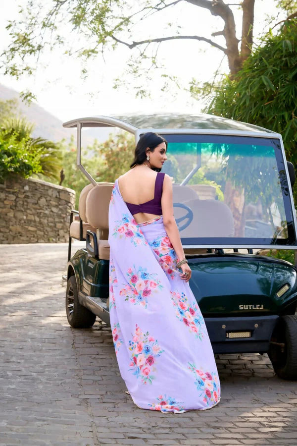 Premium Floral Print Georgette Saree with Moti Lace Border & Running Blouse | Party Wear Designer Saree