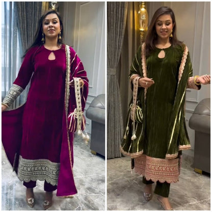 Maroon and Green Velvet Kurta Set with Embroidered Detailing