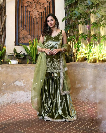 Olive green party wear kurta set with silver embroidery and velvet sharara