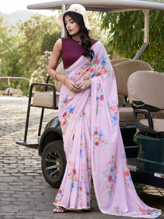 Premium Floral Print Georgette Saree with Moti Lace Border & Running Blouse | Party Wear Designer Saree