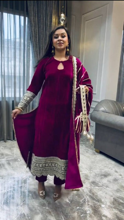 Elegant Velvet Kurta with Keyhole Neck and Embroidered Cuffs