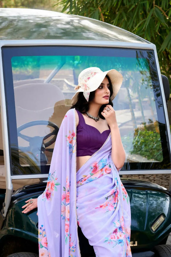 Premium Floral Print Georgette Saree with Moti Lace Border & Running Blouse | Party Wear Designer Saree