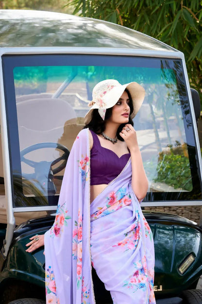Premium Floral Print Georgette Saree with Moti Lace Border & Running Blouse | Party Wear Designer Saree