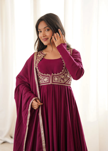 Amrapali Trend Heavy Pure Roman Silk Chanderi Anarkali Gown with Fancy Jacket, Pant & Embroidered Dupatta