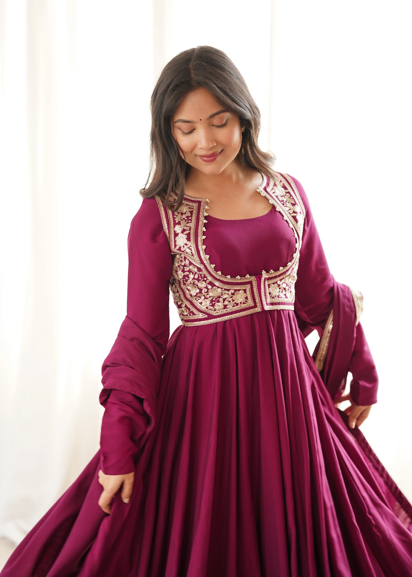 Amrapali Trend Heavy Pure Roman Silk Chanderi Anarkali Gown with Fancy Jacket, Pant & Embroidered Dupatta