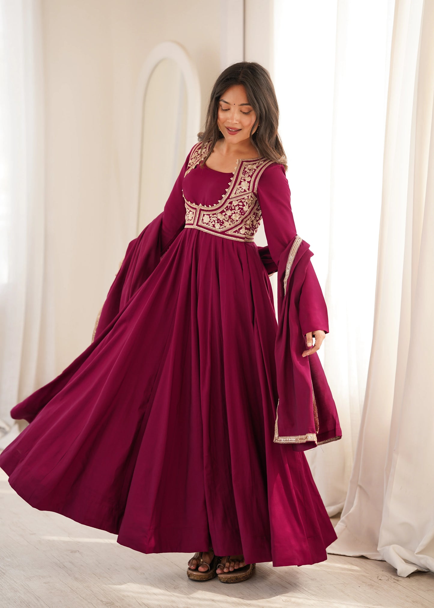 Amrapali Trend Heavy Pure Roman Silk Chanderi Anarkali Gown with Fancy Jacket, Pant & Embroidered Dupatta