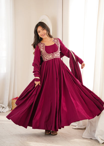 Amrapali Trend Heavy Pure Roman Silk Chanderi Anarkali Gown with Fancy Jacket, Pant & Embroidered Dupatta