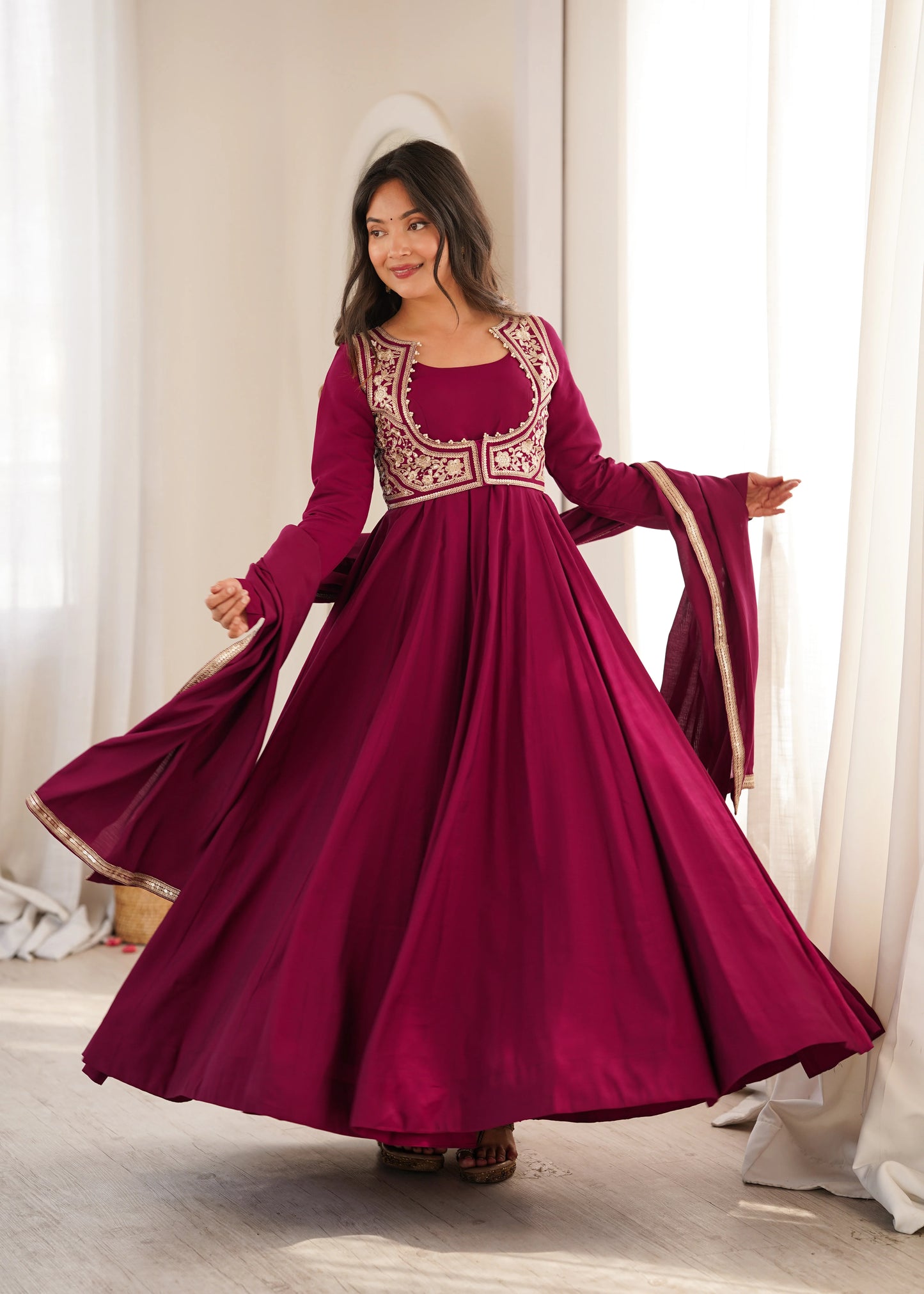 Amrapali Trend Heavy Pure Roman Silk Chanderi Anarkali Gown with Fancy Jacket, Pant & Embroidered Dupatta