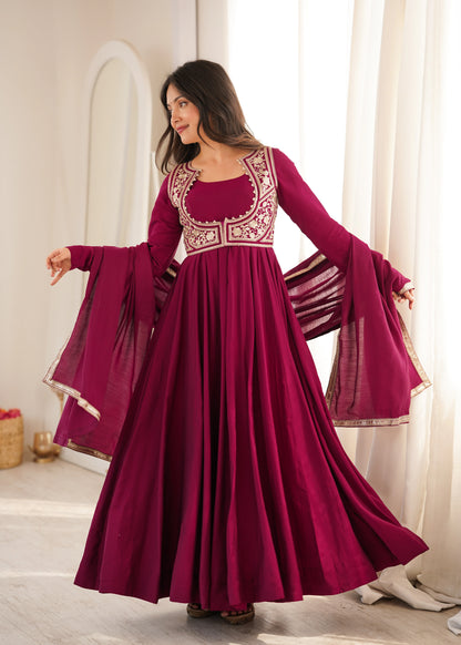 Amrapali Trend Heavy Pure Roman Silk Chanderi Anarkali Gown with Fancy Jacket, Pant & Embroidered Dupatta