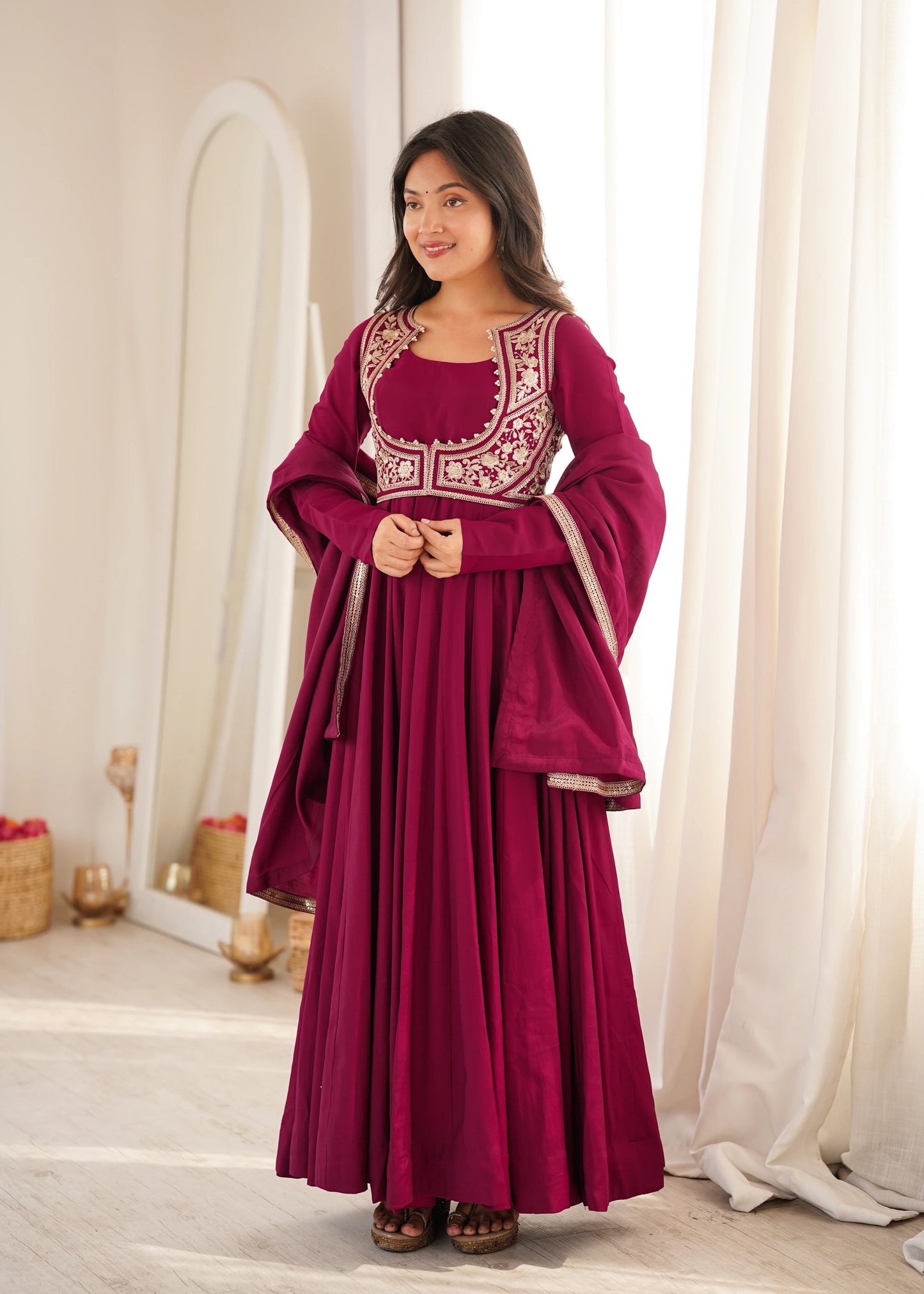 Amrapali Trend Heavy Pure Roman Silk Chanderi Anarkali Gown with Fancy Jacket, Pant & Embroidered Dupatta