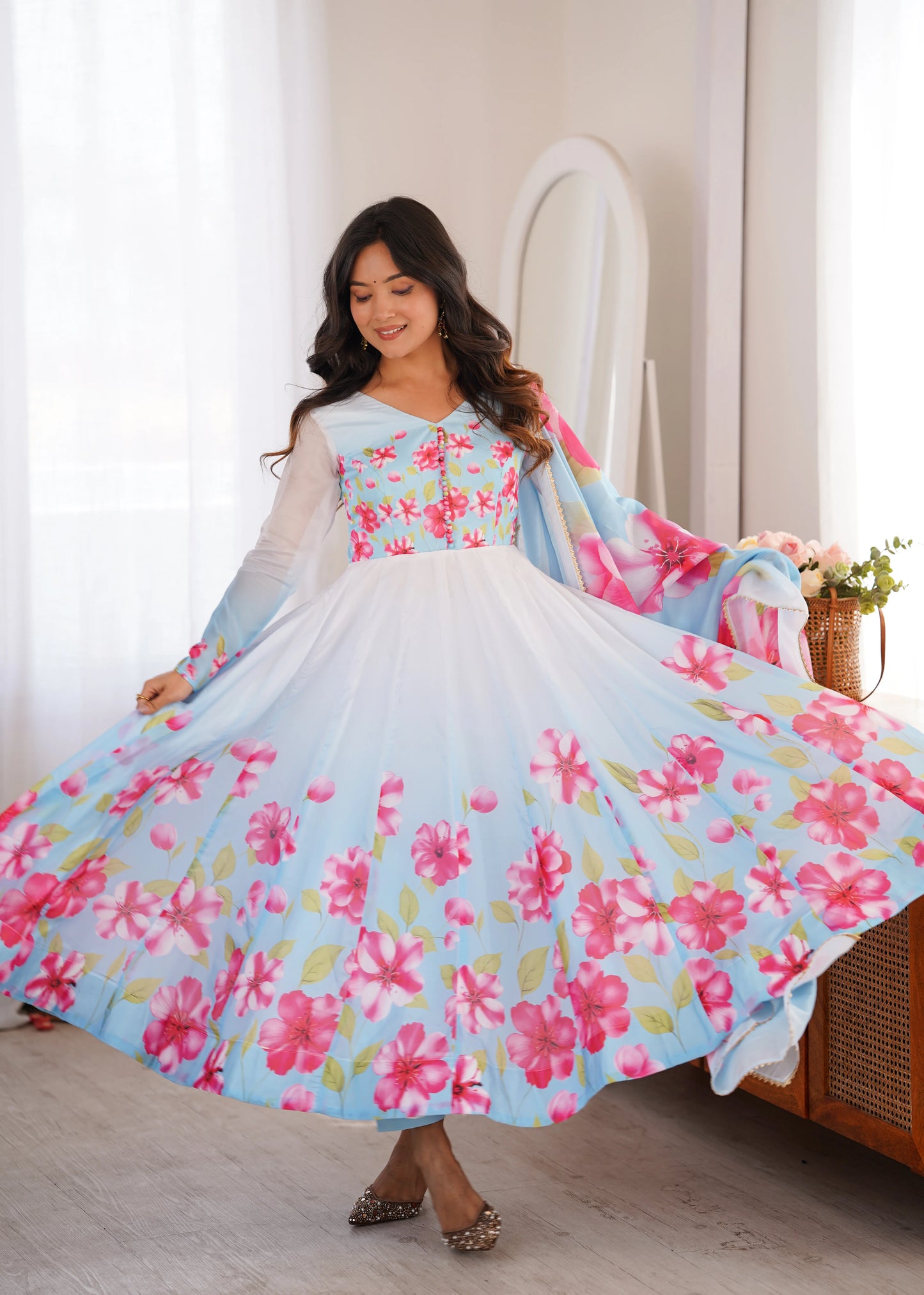 -53%    Amrapali Trend Heavy Organza Silk Floral Print Anarkali Suit with Dupatta & Pant