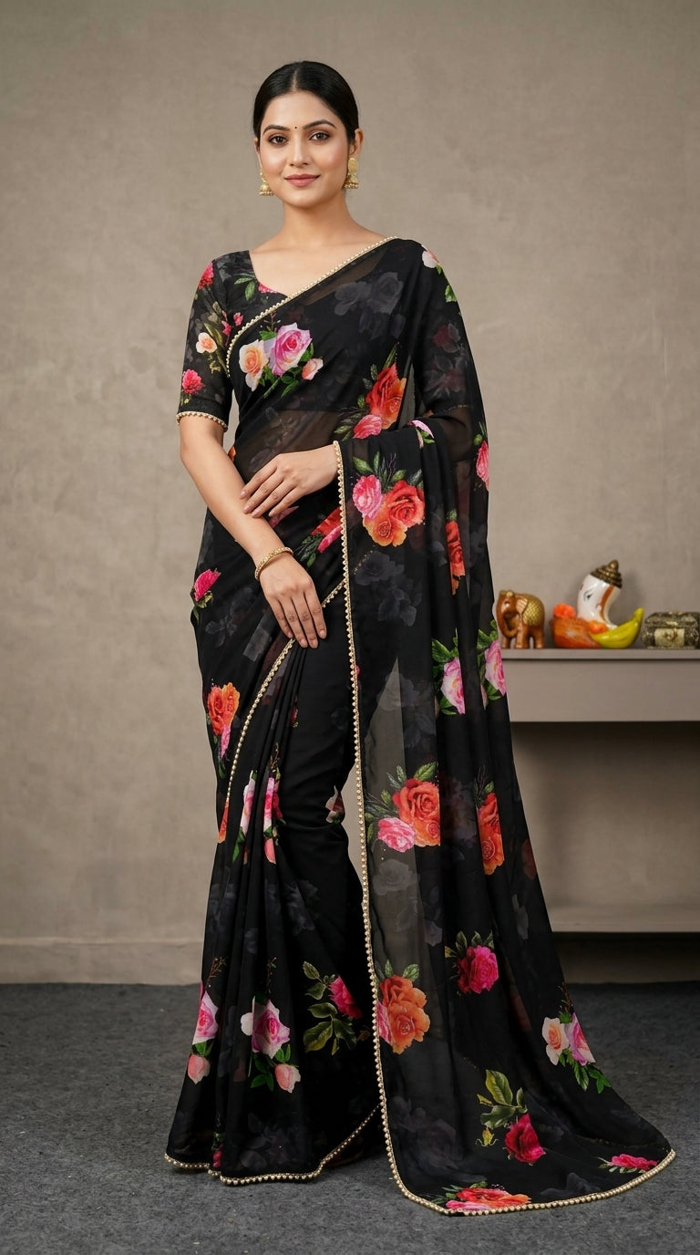 Luxury Floral Print Georgette Saree | Wedding & Festive Wear