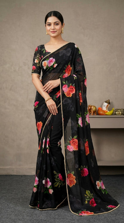 Luxury Floral Print Georgette Saree | Wedding & Festive Wear