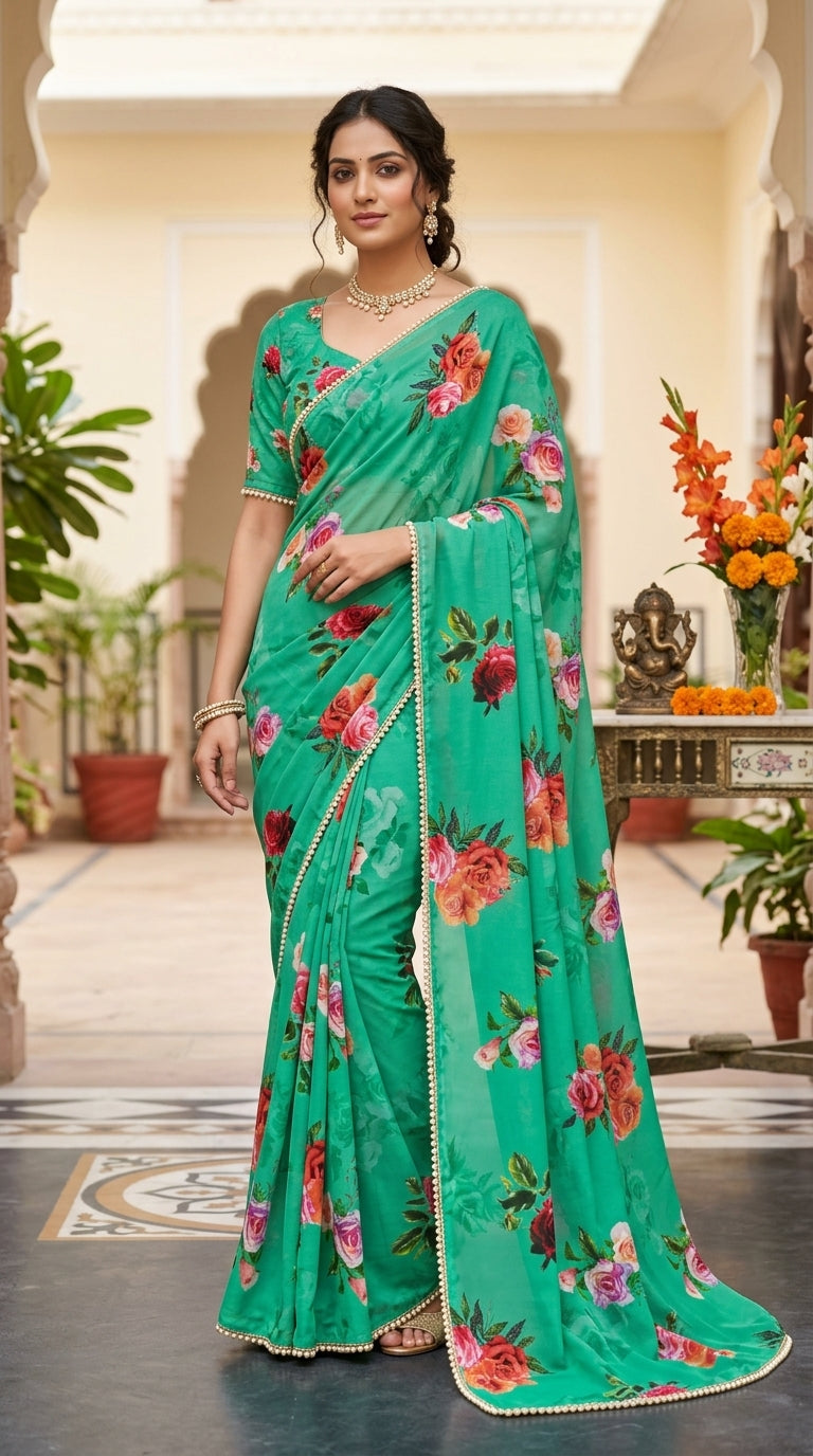 Luxury Floral Print Georgette Saree | Wedding & Festive Wear