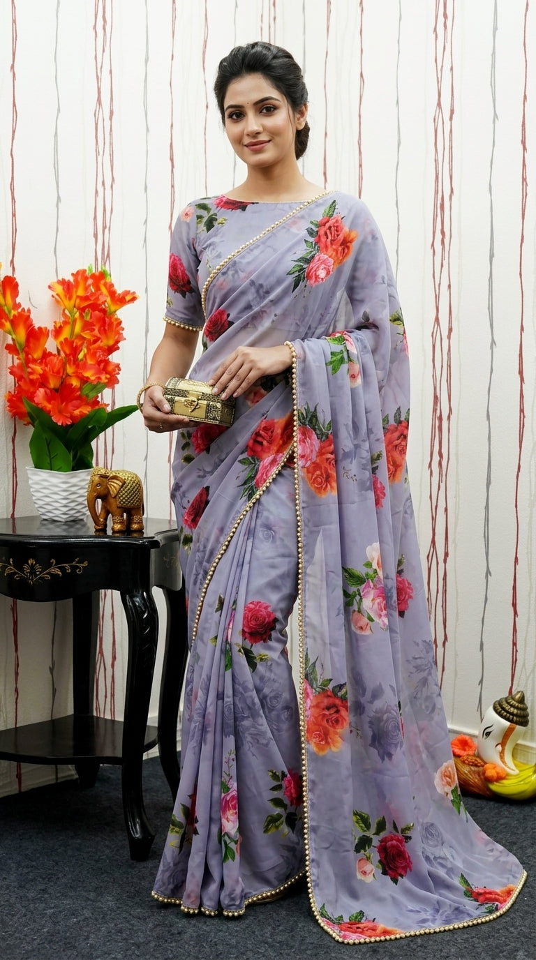 Luxury Floral Print Georgette Saree | Wedding & Festive Wear