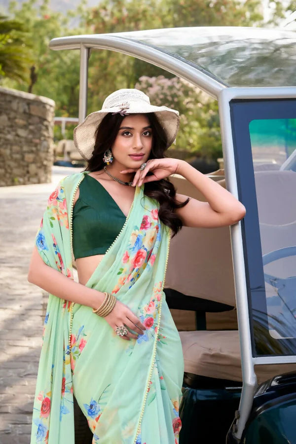 Premium Floral Print Georgette Saree with Moti Lace Border & Running Blouse | Party Wear Designer Saree