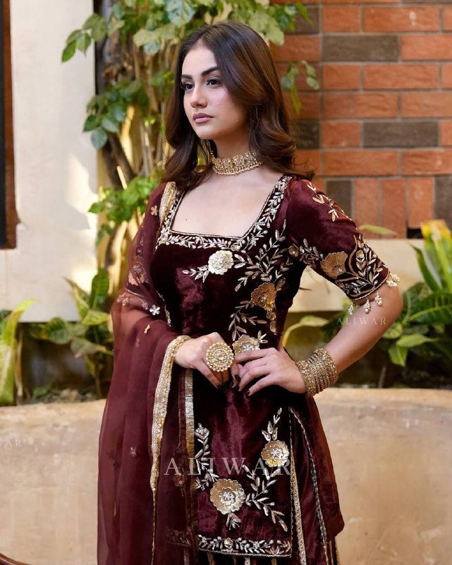 Luxury maroon embroidered kurta sharara suit with butterfly net dupatta