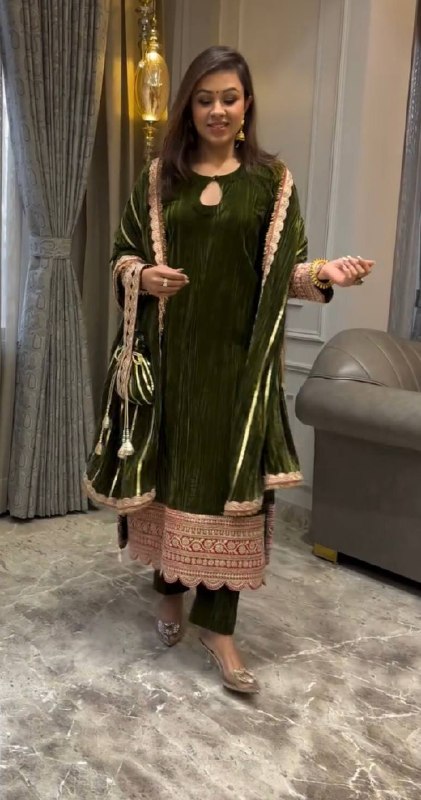 Olive Green Velvet Suit with Pink Embroidered Border