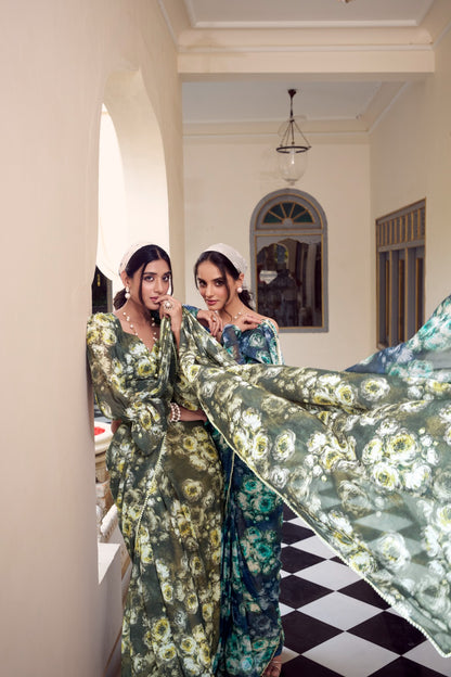 Soft Georgette Floral Printed Saree with Premium Moti Lace Border & Matching Blouse | Designer Party Wear Saree