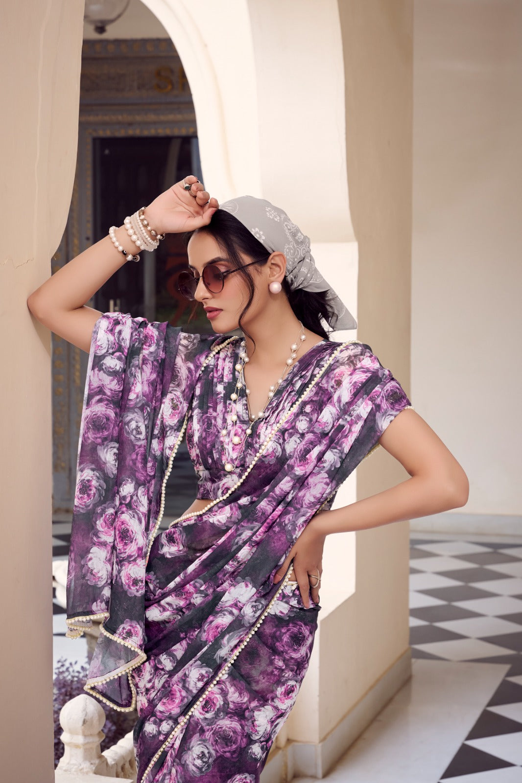 Soft Georgette Floral Printed Saree with Premium Moti Lace Border & Matching Blouse | Designer Party Wear Saree