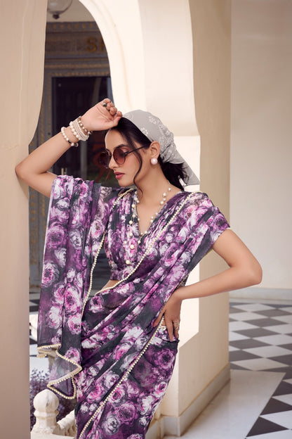 Soft Georgette Floral Printed Saree with Premium Moti Lace Border & Matching Blouse | Designer Party Wear Saree