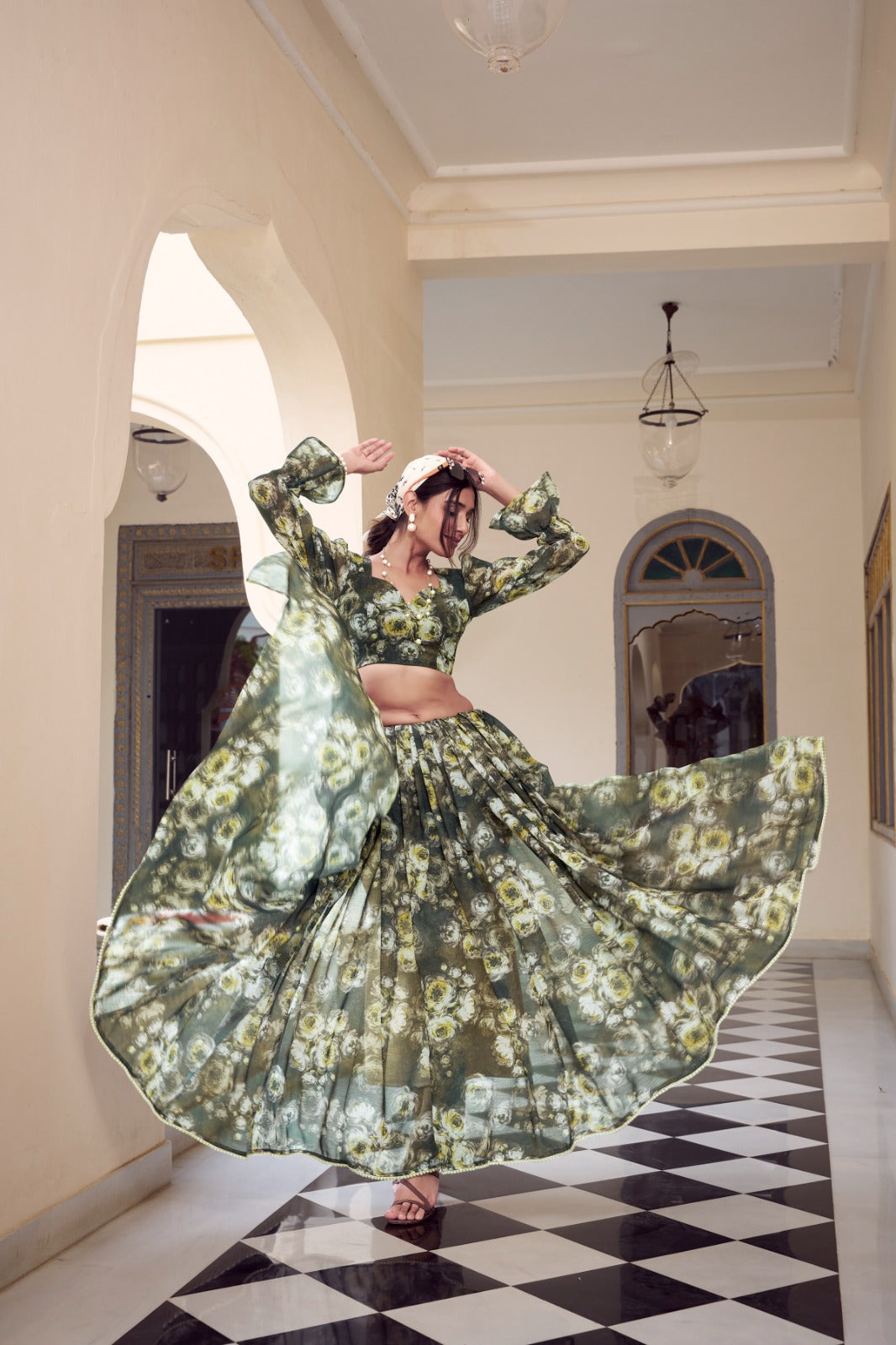 Soft Georgette Floral Printed Saree with Premium Moti Lace Border & Matching Blouse | Designer Party Wear Saree