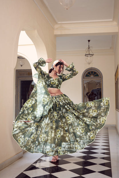 Soft Georgette Floral Printed Saree with Premium Moti Lace Border & Matching Blouse | Designer Party Wear Saree