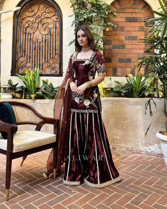maroon velvet kurta sharara set with sequin embroidery