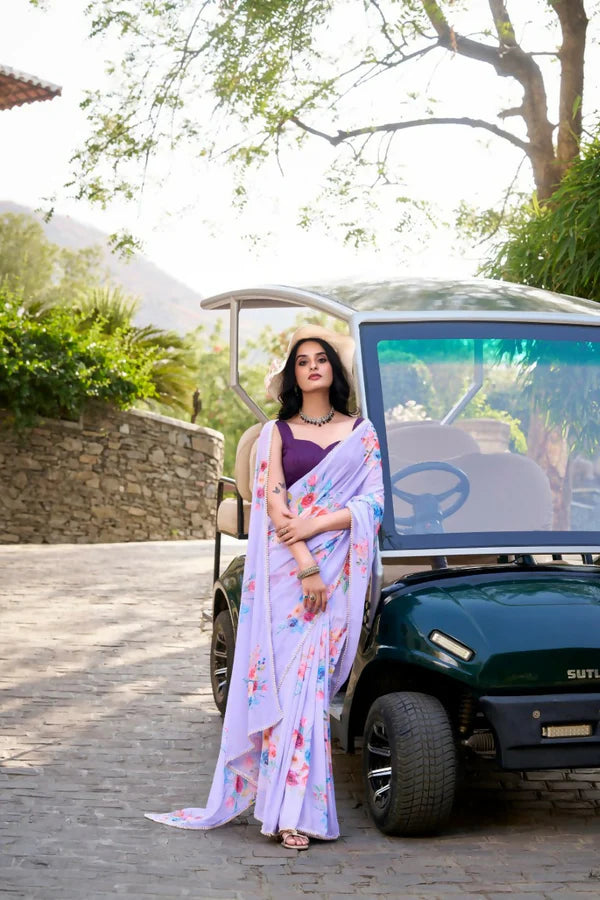 Premium Floral Print Georgette Saree with Moti Lace Border & Running Blouse | Party Wear Designer Saree