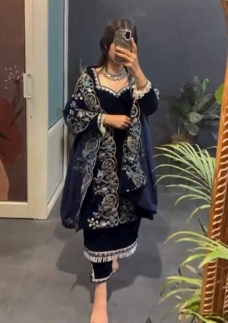 Navy blue velvet party wear kurta set for women