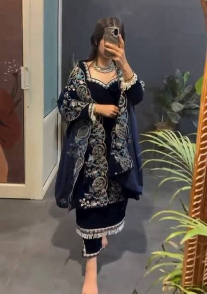 Navy blue velvet party wear kurta set for women