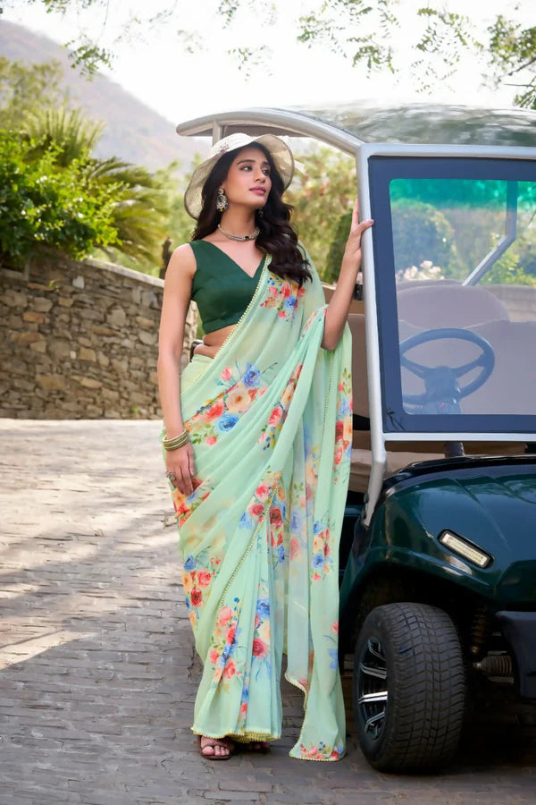Premium Floral Print Georgette Saree with Moti Lace Border & Running Blouse | Party Wear Designer Saree