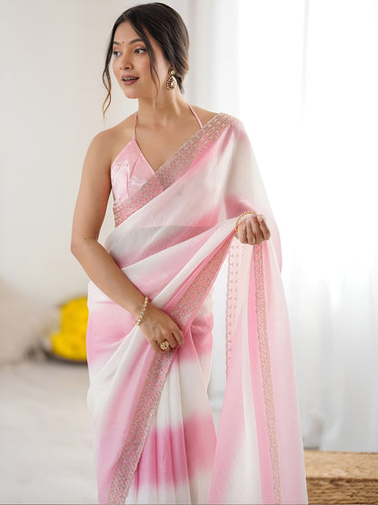 Green Space Silk Printed Patta Saree with Original Jarkhan Diamond Work | Designer Party Wear Saree for Women